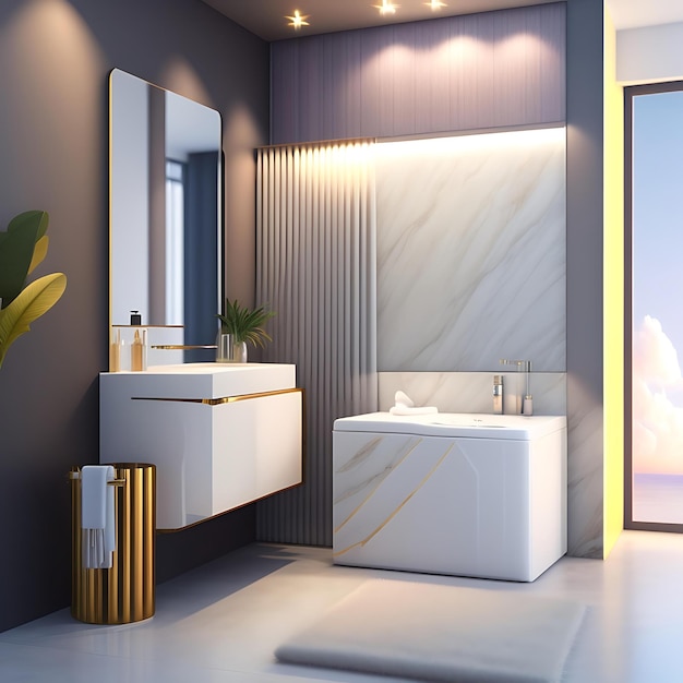 Modern loft bathroom polished concrete wall floor white marble vanity counter washbasin reeded