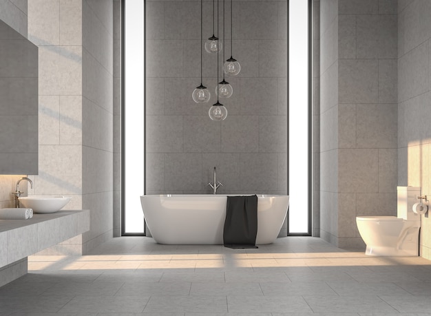 Modern loft bathroom with concrete tile 3d render decorated with glass hanging lamps