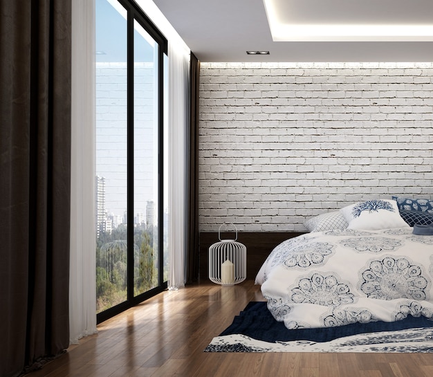 Modern loft bedroom interior and empty white brick wall