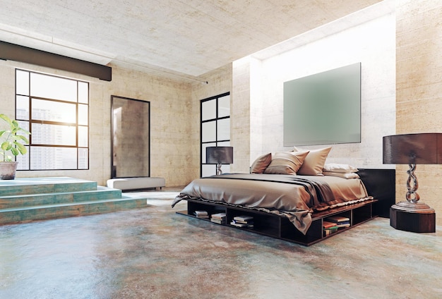 Foto interno di una camera da letto in soffitta moderna
