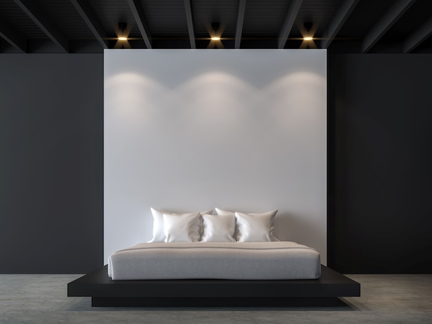 modern loft bedroom with black and white 3d render