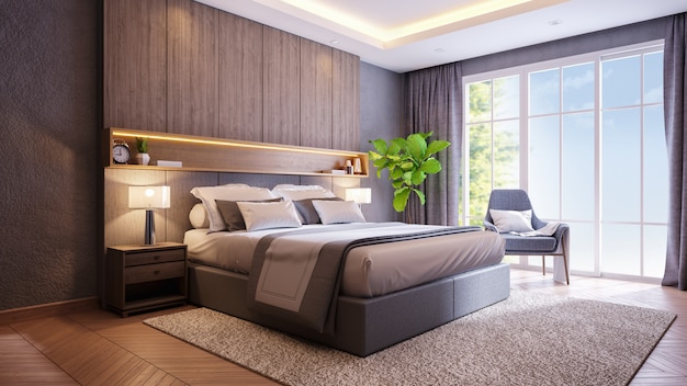 Modern loft and dark bedroom interior design ,3d rendering