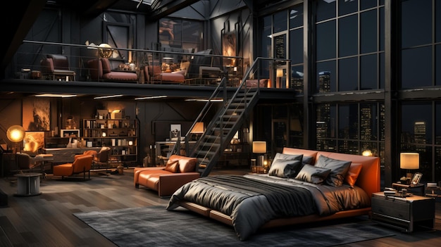 Modern loft and dark bedroom interior design