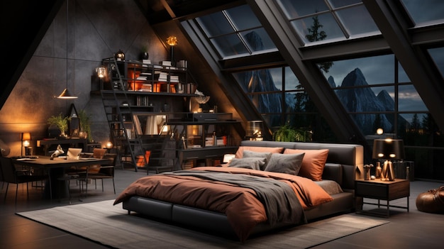 현대적인 다락방과 어두운 침실 인테리어 디자인
