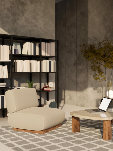 Modern loft home living room with chair laptop on modern coffee\
table and cement loft wall