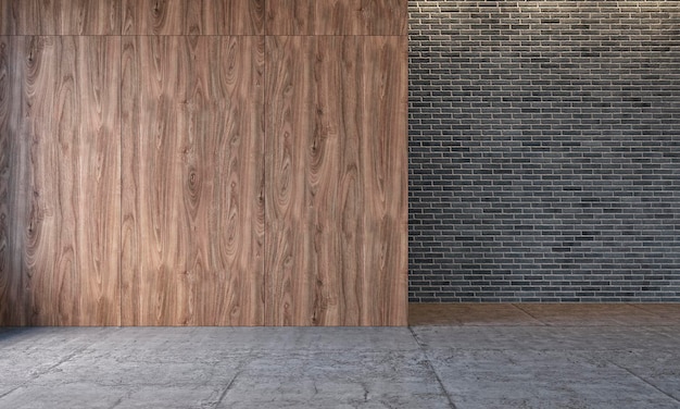 Modern loft interieur met houten wandpanelen bakstenen muur betonnen vloer Lege kamer blinde muur