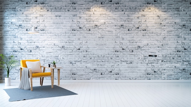 Modern loft interior of living room,yellow armchair with table on bright gray bricks wall