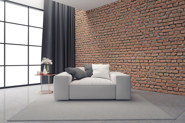 Modern loft interior, White SOFA on brick wall and concrete floor