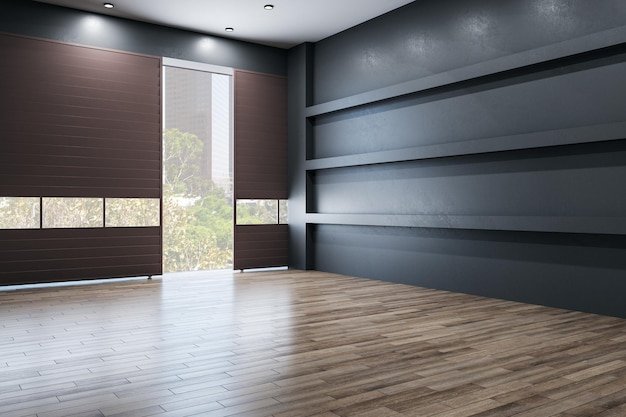 Modern loft interior with door blank wall and city view