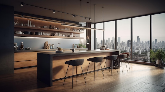 Modern loft kitchen with breakfast bar in an urban luxury apartment wooden floor wooden bar counter