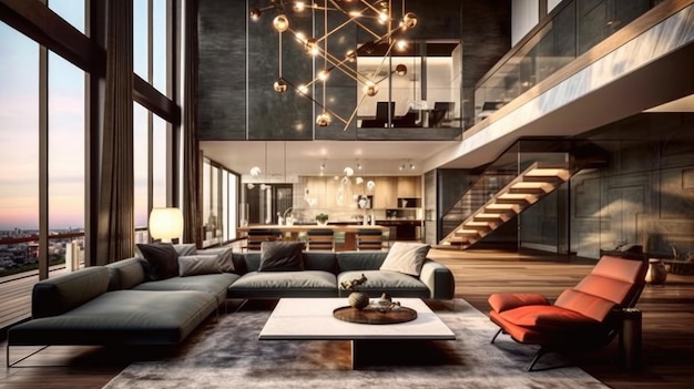 Photo a modern loft living room in a luxury mansion decorated with a pendulum chandelier and featuring straight stairs generative ai aig27