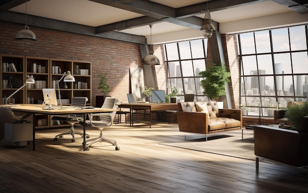 Modern loft office interior with furniture