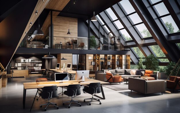 Modern loft office interior with furniture