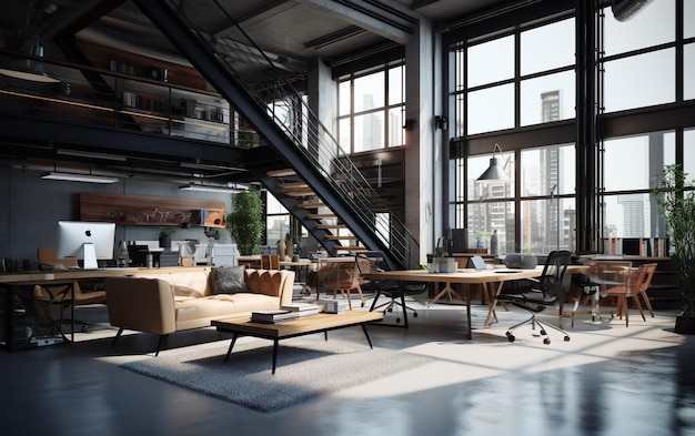 Modern loft office interior with furniture