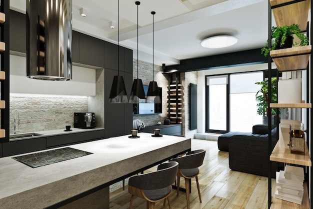 Modern loft style apartment interior, private house