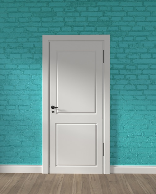 Modern loft white door and mint brick wall on wooden floor. 3D rendering