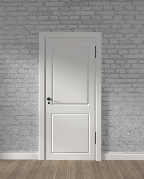 Photo modern loft white door and white brick wall on wooden floor. 3d rendering