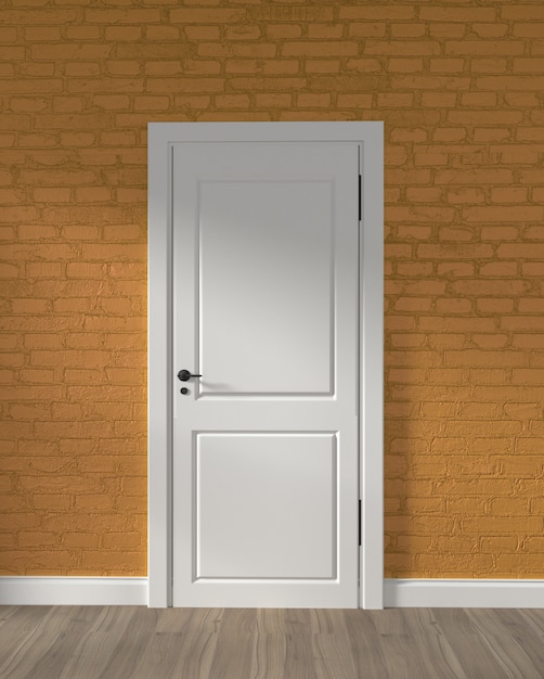 Modern loft white door and yellow brick wall on wooden floor. 3D rendering 