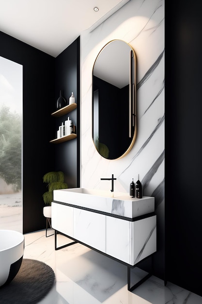 Фото Современный лофт, белый мраморный туалетный столик, керамический умывальник, черное круглое зеркало, черное стальное полотенце ra