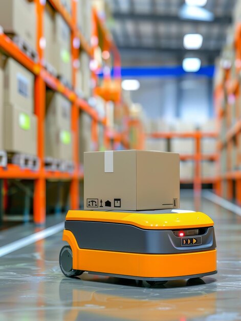 In a modern logistics warehouse an autonomous delivery robot equipped with a package navigates a designated path signaling a shift towards smart warehousing