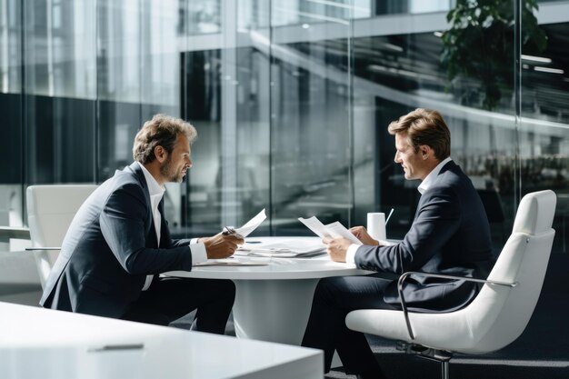 A modern look office in white at the modern table sit two male persons age of 50 who wear business