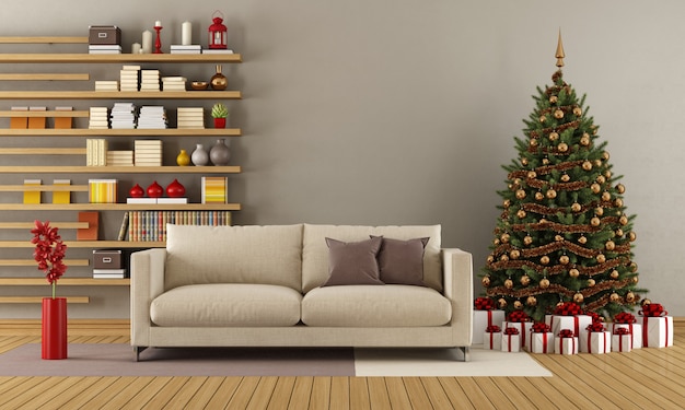 Modern lounge with christmas tree and sofa