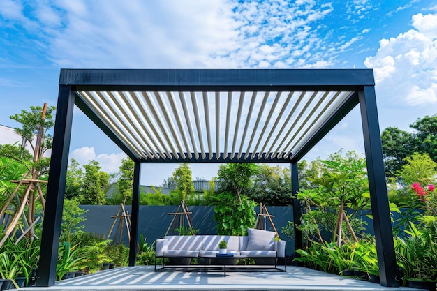Foto modern louring canopy with white slats set against the backdrop of blue sky and lush greenery