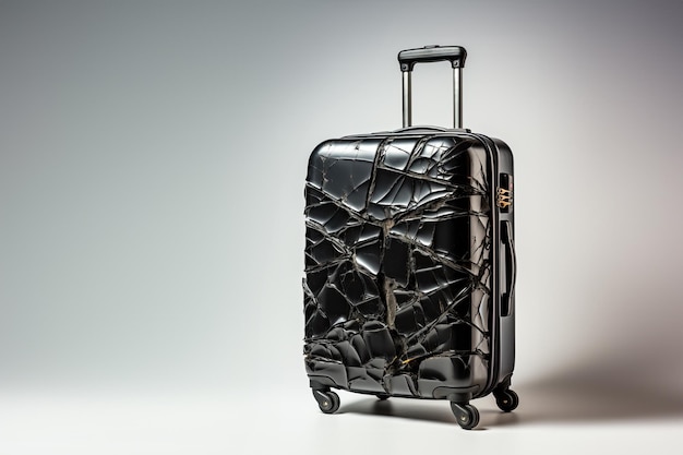 a modern luggage in messy condition damaged from bad logistic on studio background