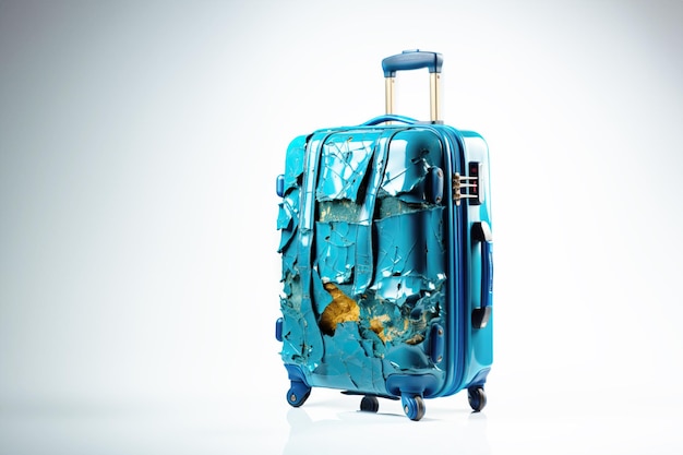 a modern luggage in messy condition damaged from bad logistic on studio background