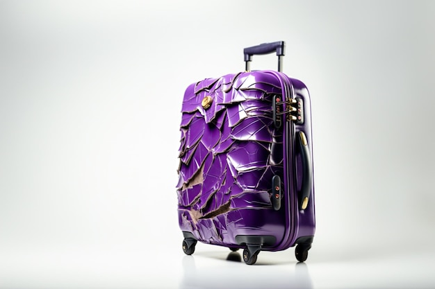 a modern luggage in messy condition damaged from bad logistic on studio background