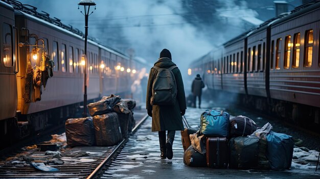 Foto moderno terminal di smistamento bagagli all'interno del treno passeggeri nel centro innevato