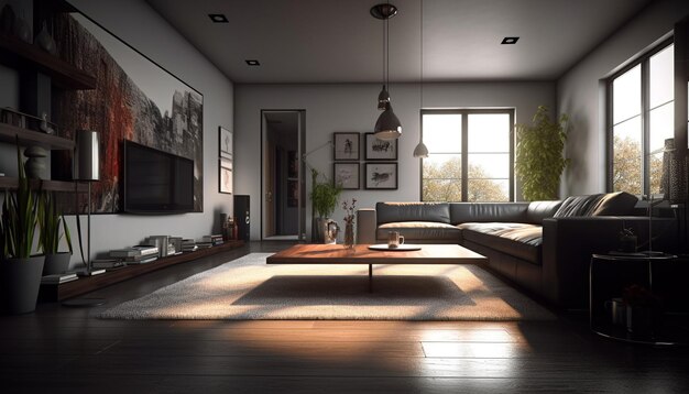 Foto modern luxe appartement met comfortabele bank, elegant decor en verlichting gegenereerd door kunstmatige intelligentie