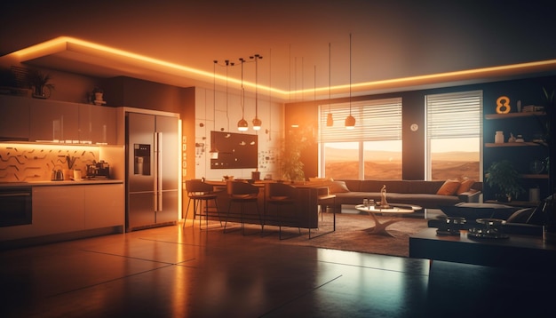 Modern luxe appartement met elegant design, comfortabel houten stoel verlicht raam gegenereerd door kunstmatige intelligentie