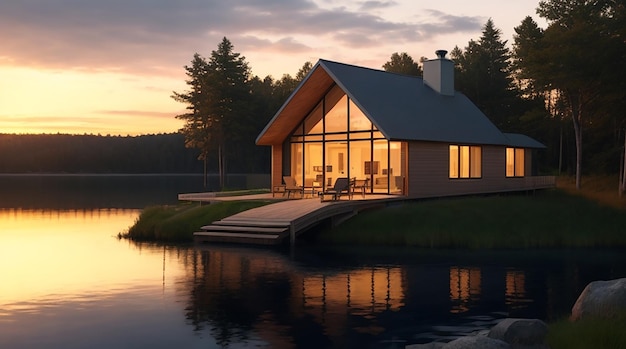 Modern luxe huisje in de buurt van het meer bij zonsondergang