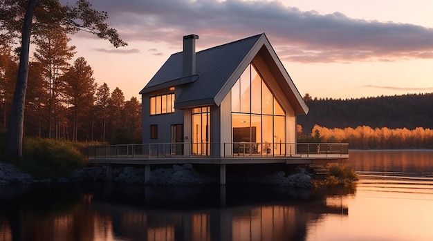 Modern luxe huisje in de buurt van het meer bij zonsondergang