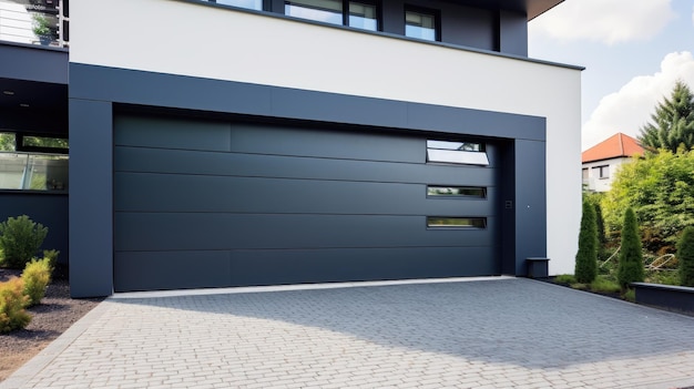 Modern and luxurious garage with driveway and roller door created with Generative AI technology