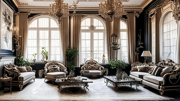 Современная роскошная гостиная с элегантным дизайнерским диваном и журнальным столиком с люстрой на нем.
