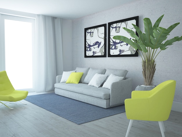 Modern luxurious living room with yellow chairs