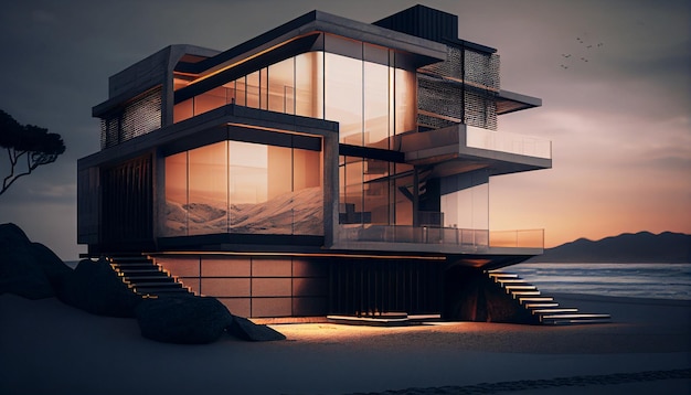 Modern luxurious seaside house Beach house AI that generates its own data Contemporary Scandinavian architecture Minimalistic seaside villa Generative AI