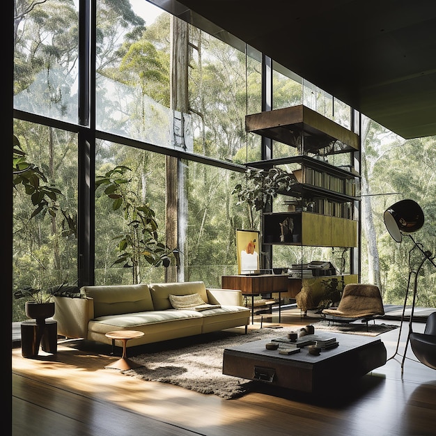 Modern and luxurious two stories living room surrounded by small forrest visible thru big windows