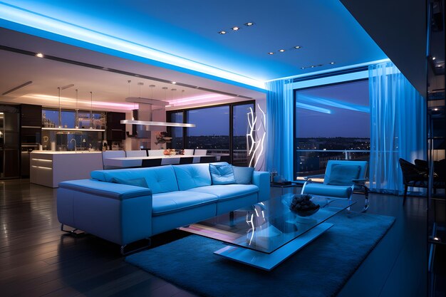 Modern luxury apartment with bright blue light