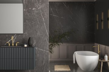 Bathroom hiện đại với nền đá marble đen sở hữu vẻ đẹp lạ mắt và cuốn hút, đem đến một không gian hoàn toàn mới lạ cho người sử dụng. Với đồ nội thất được thiết kế tinh tế và hiện đại, phòng tắm trở nên đầy cảm hứng và tiện nghi, là không gian lý tưởng để thư giãn và nghỉ ngơi sau một ngày dài.