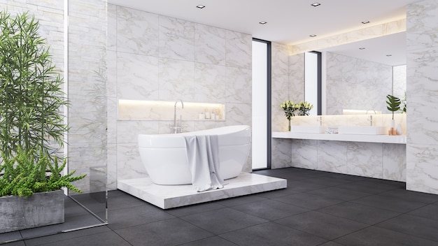 현대 럭셔리 욕실 디자인, 화이트 룸, 대리석 벽에 흰색 욕조, 3d 렌더링