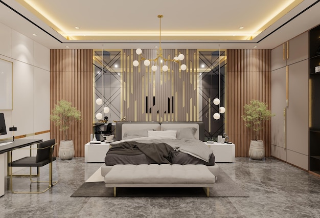 モダンで豪華なベッドルーム デザイン 3 D イラストレーションのレンダリング