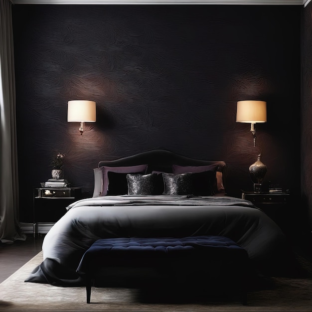 古典的な暗い壁とランプを備えたモダンで豪華な寝室のインテリア 3 d レンダリング現代のインテリア