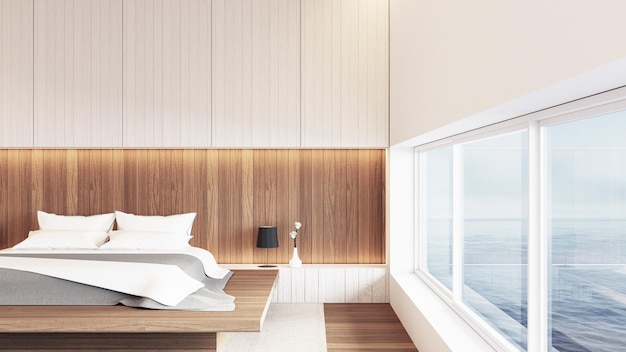 Современная роскошная спальня с видом на море 3D-рендеринг