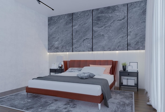 살구색 3D 일러스트레이션 렌더를 갖춘 현대적인 럭셔리 침실