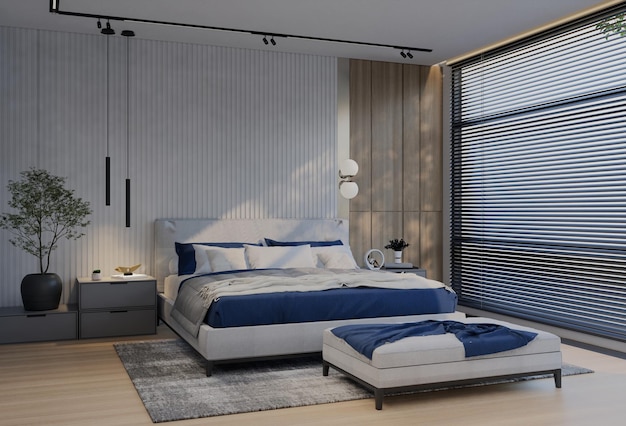 Modern Luxury Bedroom with Ocean Blue Color 3D Illustration Render