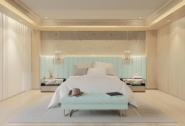 Modern Luxury Bedroom with powder blue Color 3D Illustration Render