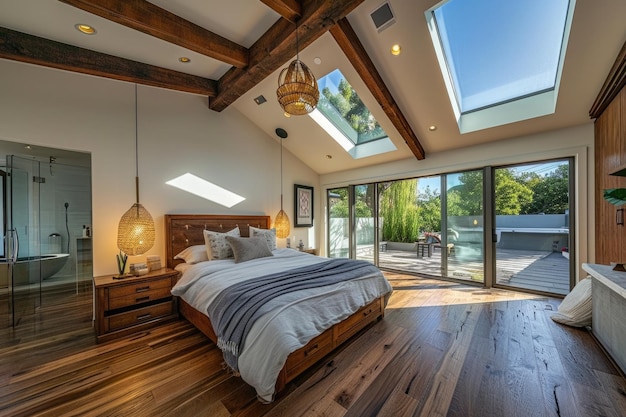 Modern Luxury Bedroom with Skylights and Sliding Glass Door